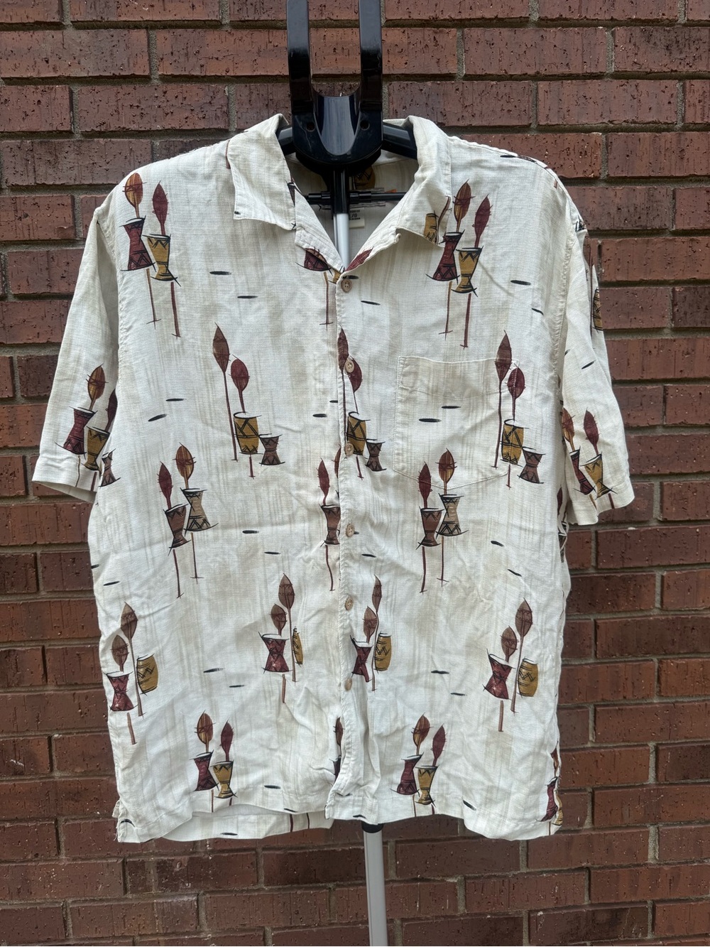 Vintage Quiksilver Edition Silk Linen Hawaiian Shirt Large Tiki Drum Camp Pocket